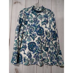 Paisley Mock Neck Long Sleeve Top, Blue Green White Patterned Blouse